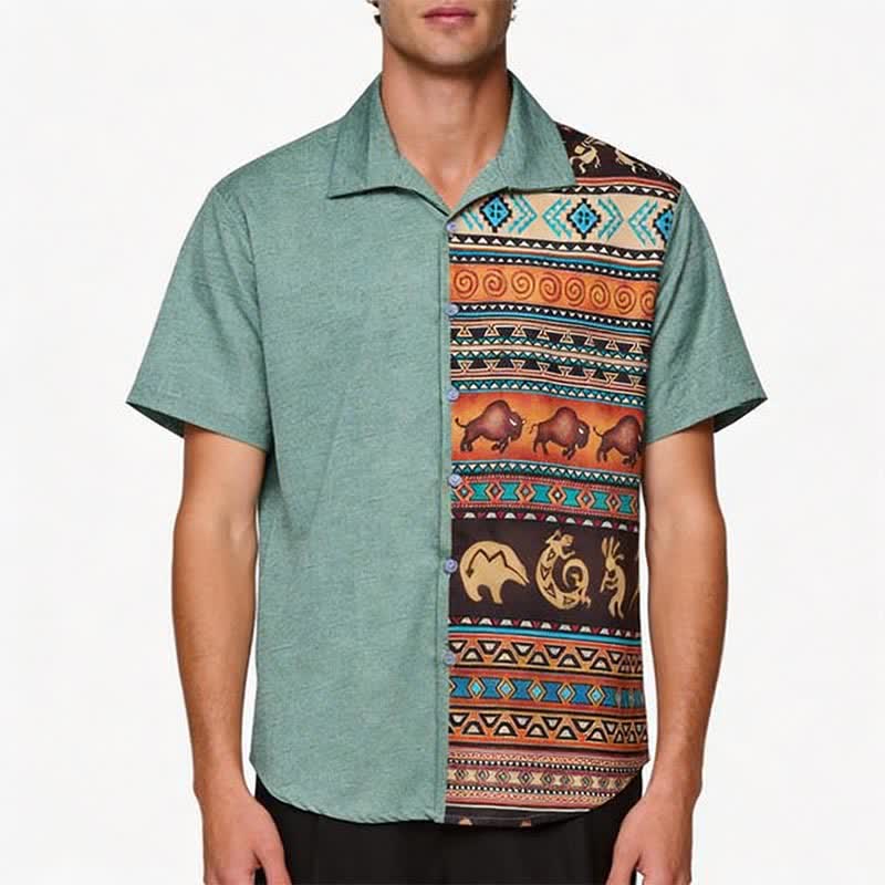 Camicia etnica da uomo con stampa bisonte e petroglifi del deserto - image 1