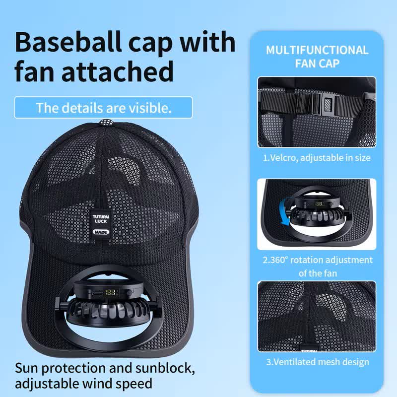Cappellino da baseball traspirante con ventola USB a energia solare. - image 5