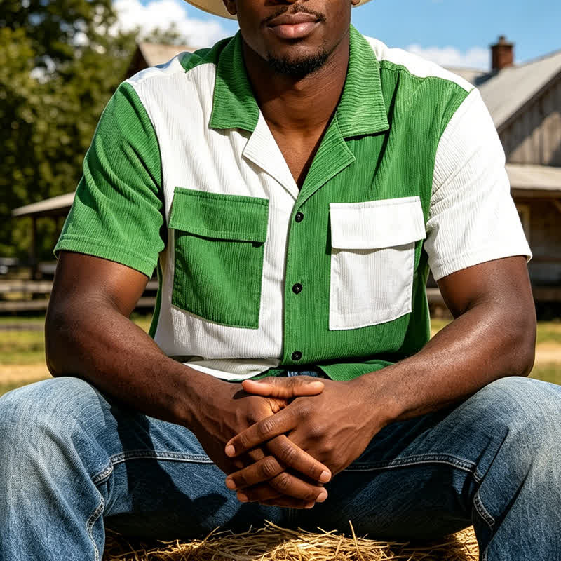 Camicia da uomo a maniche corte in velluto a coste bicolore con blocchi di colore - Verde - 3XL - image 0