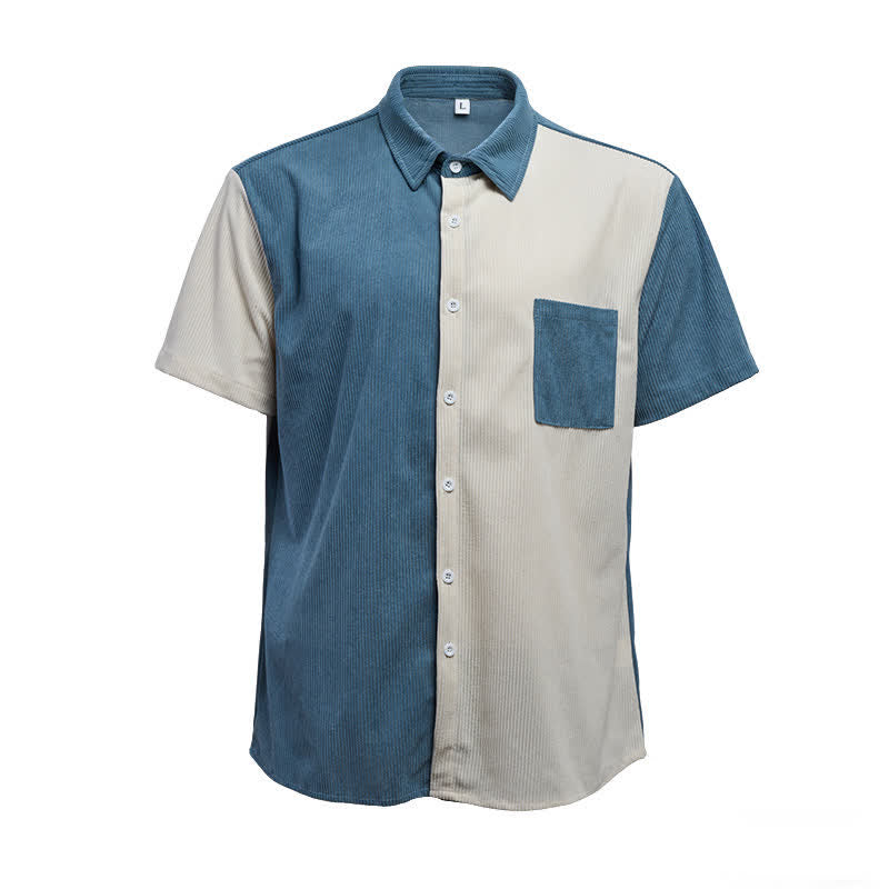 Camicia da uomo in velluto a coste blu e bianca con blocchi di colore. - image 10