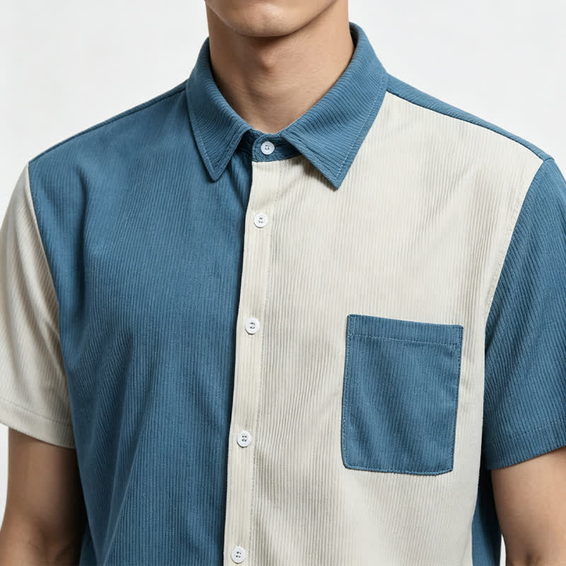 Camicia da uomo in velluto a coste blu e bianca con blocchi di colore. - image 1