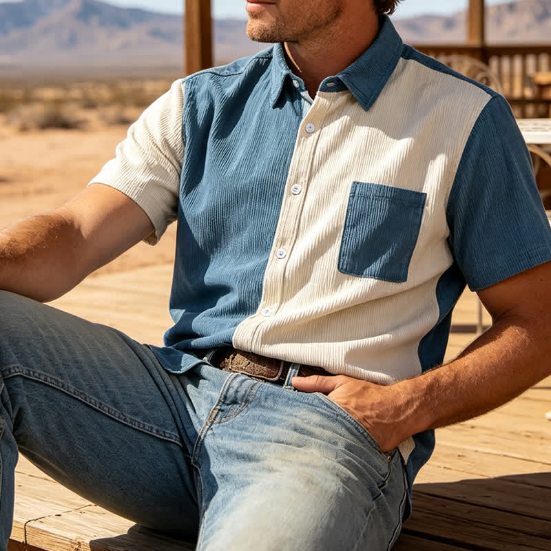 Camicia da uomo in velluto a coste blu e bianca con blocchi di colore. - Blu e bianco - 2XL - image 0
