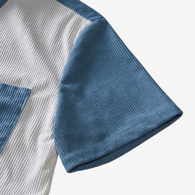 Camicia da uomo in velluto a coste blu e bianca con blocchi di colore. - image 9