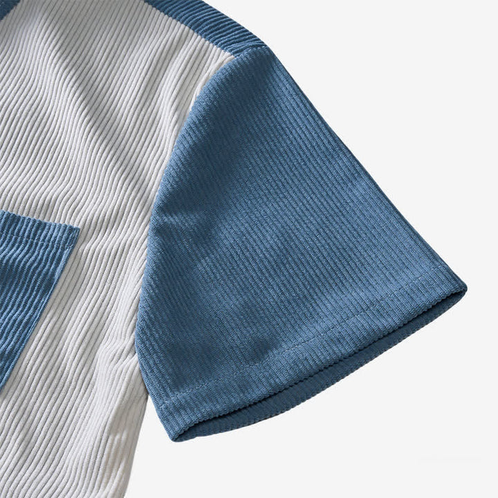 Camicia da uomo in velluto a coste blu e bianca con blocchi di colore. - image 9