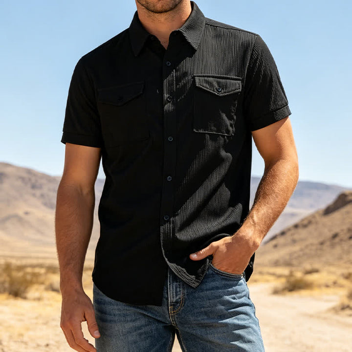 Camicia da lavoro da uomo in velluto a coste con due tasche sul petto, tinta unita. - Nero - 3XL - image 5