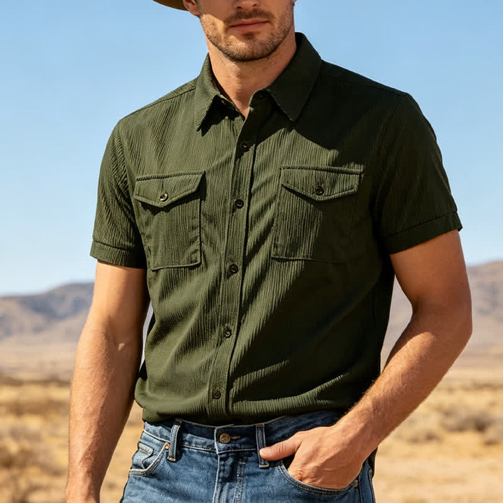 Camicia da lavoro da uomo in velluto a coste con due tasche sul petto, tinta unita. - Verde militare - 3XL - image 4