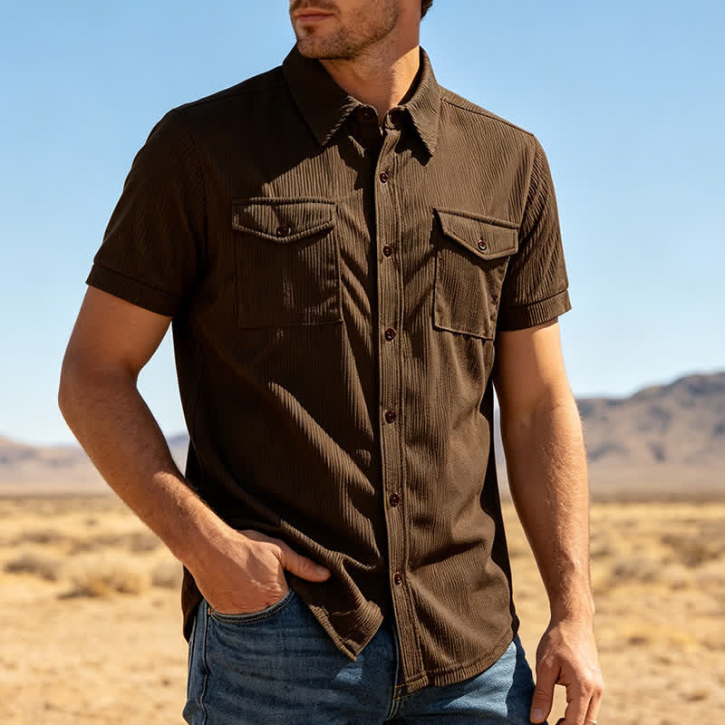 Camicia da lavoro da uomo in velluto a coste con due tasche sul petto, tinta unita. - Marrone - 3XL - image 6