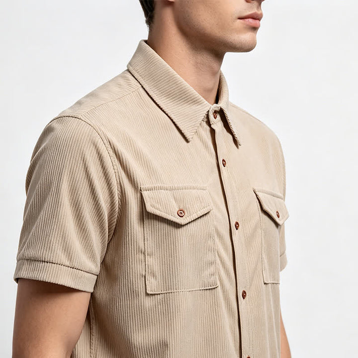 Camicia da lavoro da uomo in velluto a coste con due tasche sul petto, tinta unita. - image 3