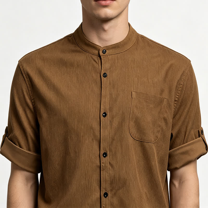 Camicia da uomo minimalista in velluto a coste con colletto alla coreana e bottoni. - image 1