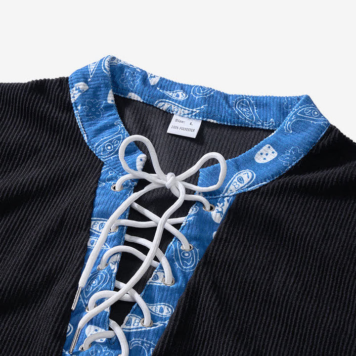 Camicia da uomo in velluto a coste con lacci e finiture a fantasia paisley in stile urbano - image 4