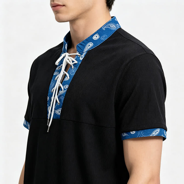 Camicia da uomo in velluto a coste con lacci e finiture a fantasia paisley in stile urbano - image 3
