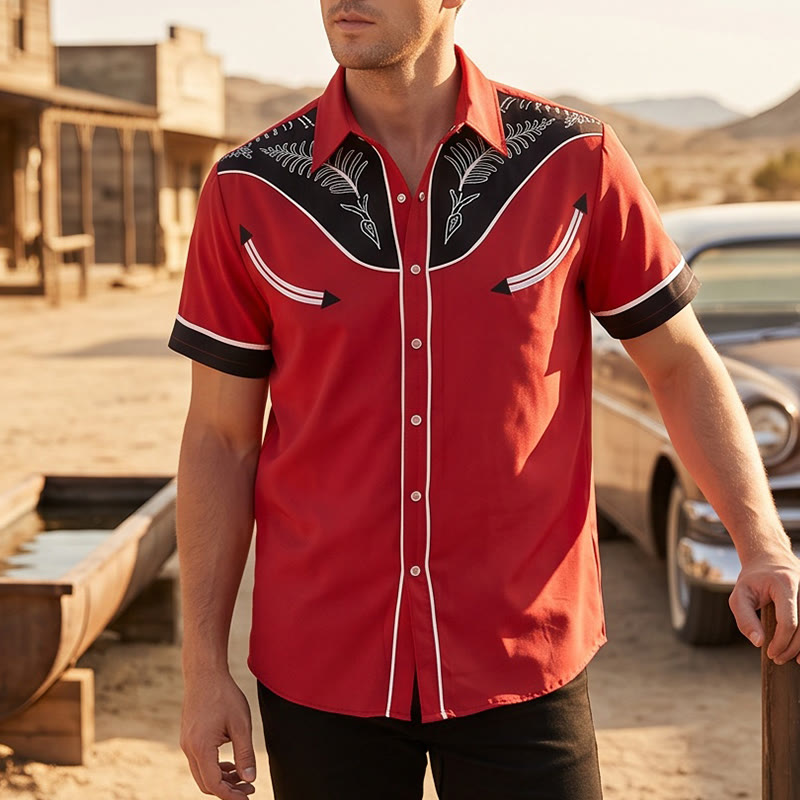 Camicia da uomo a maniche corte con stampa in stile western e bottoni - Rosso - 5XL - image 0