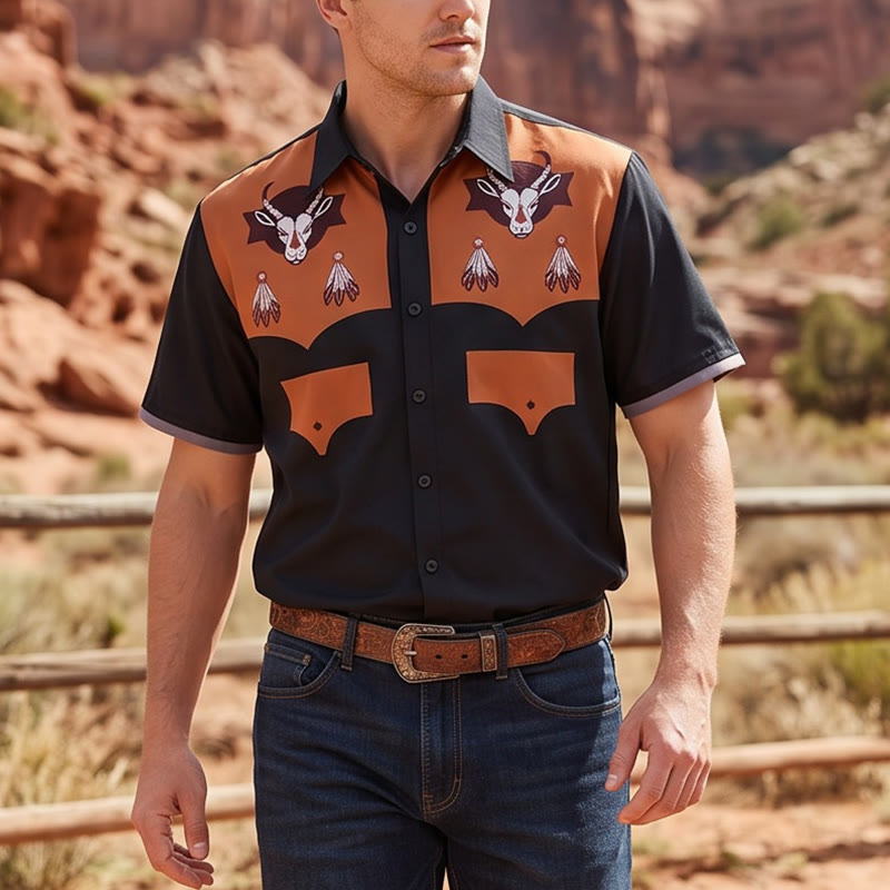 Camicia da uomo a maniche corte con stampa di testa di capra in stile western - Nero - 5XL - image 0