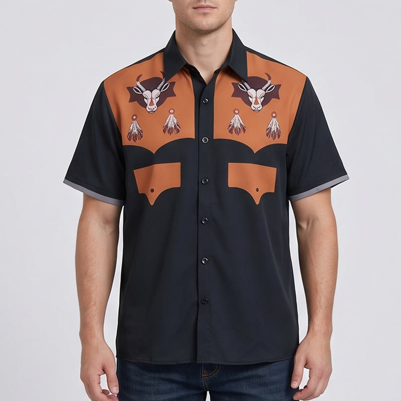 Camicia da uomo a maniche corte con stampa di testa di capra in stile western - image 1