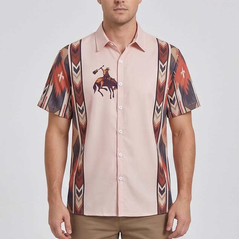 Camicia da uomo a maniche corte casual con stampa cowboy vintage e motivo rodeo. - image 1