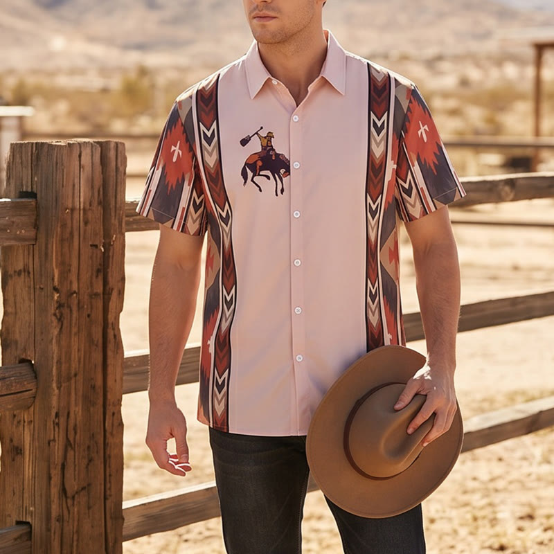 Camicia da uomo a maniche corte casual con stampa cowboy vintage e motivo rodeo. - Rosa - 5XL - image 0