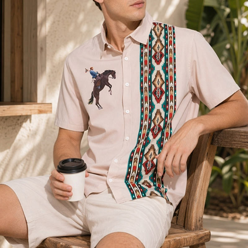 Camicia da uomo a maniche corte, casual e ampia, con stampa di cavalli in stile western. - Rosa - 5XL - image 0