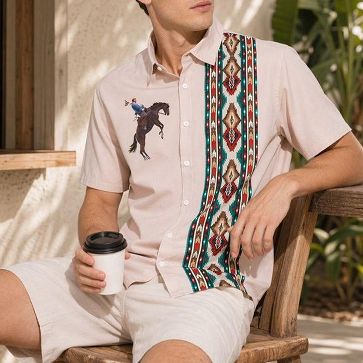 Camicia da uomo a maniche corte, casual e ampia, con stampa di cavalli in stile western. - Rosa - 5XL - image 0