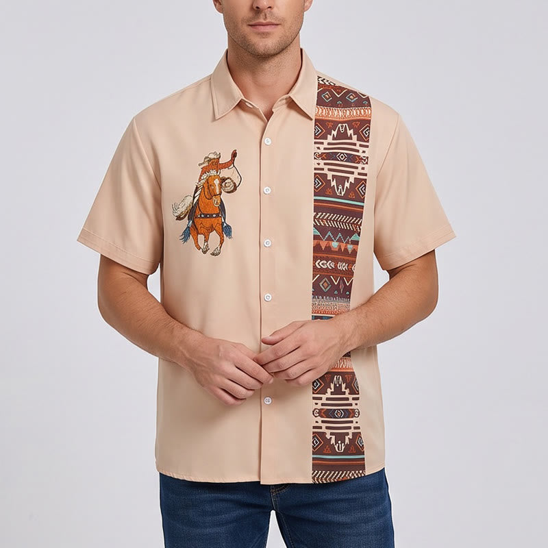 Camicia da uomo a maniche corte casual con stampa vintage da cowboy con lazo - image 1