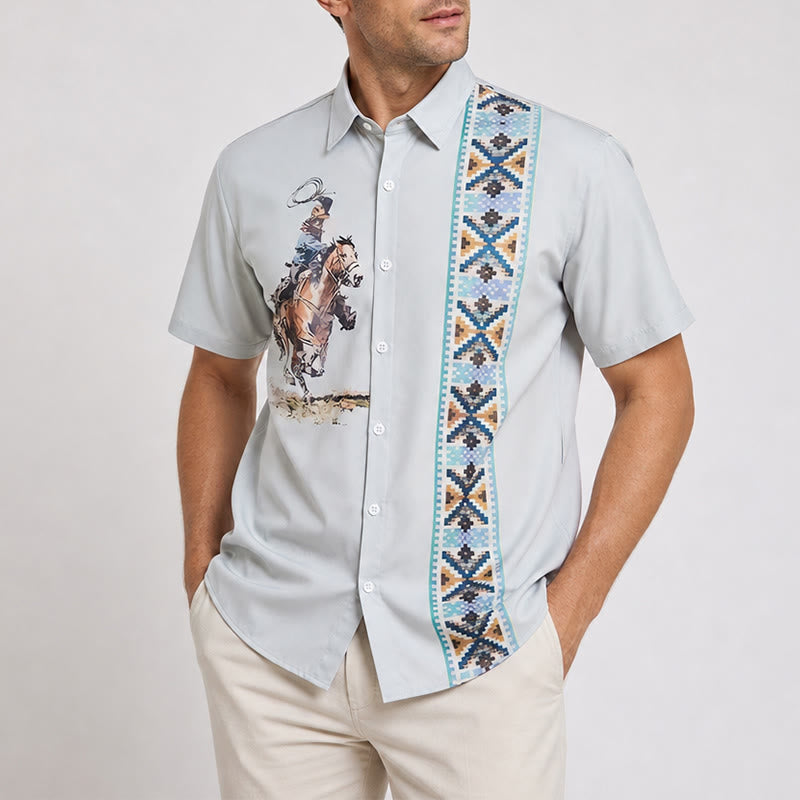 Camicia casual da uomo a maniche corte con stampa cowboy verde lazo - image 1