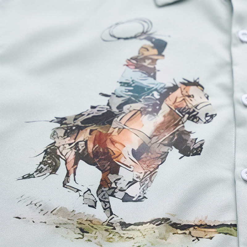 Camicia casual da uomo a maniche corte con stampa cowboy verde lazo - image 5
