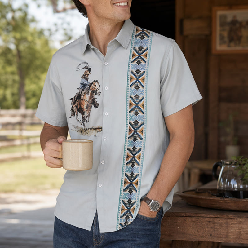 Camicia casual da uomo a maniche corte con stampa cowboy verde lazo - Verde chiaro - 5XL - image 0