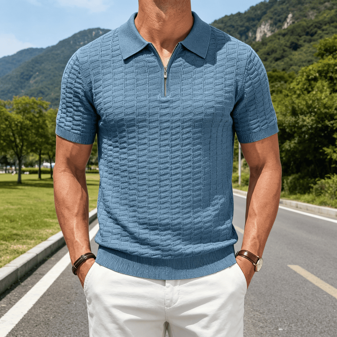 Polo da uomo a maniche corte con mezza zip e lavorazione a nido d'ape - Blu - 3XL - image 4