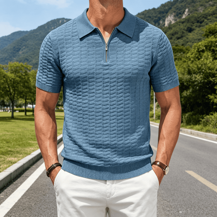 Polo da uomo a maniche corte con mezza zip e lavorazione a nido d'ape - Blu - 3XL - image 4