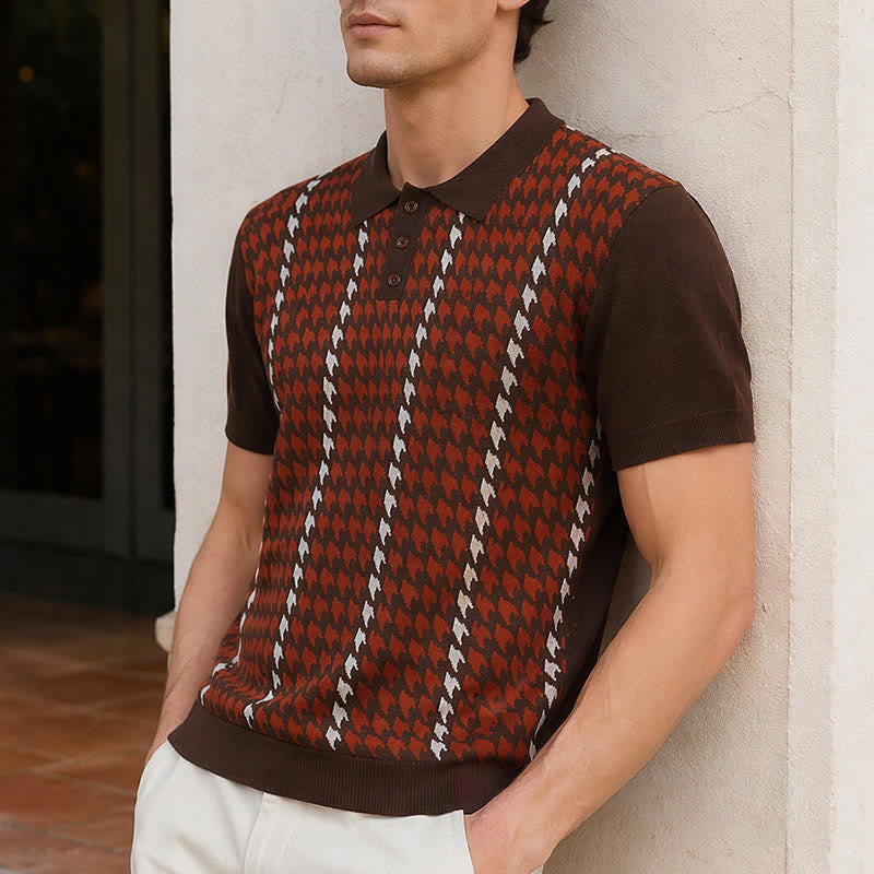 Polo da uomo a maniche corte con motivo pied de poule - Rosso - 3XL - image 0