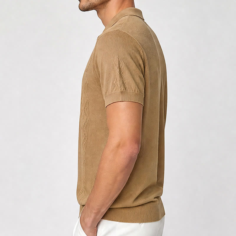 Polo da uomo a maniche corte con mezza zip e motivo geometrico in maglia - image 2