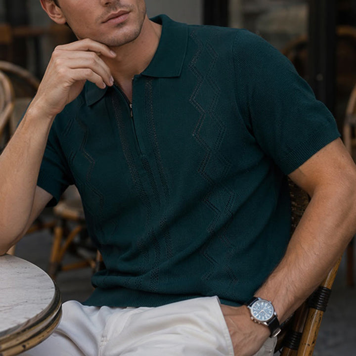 Polo da uomo a maniche corte con mezza zip e motivo geometrico in maglia - Verde - 3XL - image 4