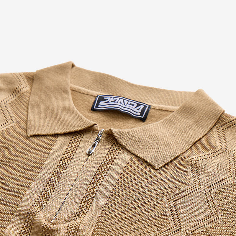 Polo da uomo a maniche corte con mezza zip e motivo geometrico in maglia - image 6