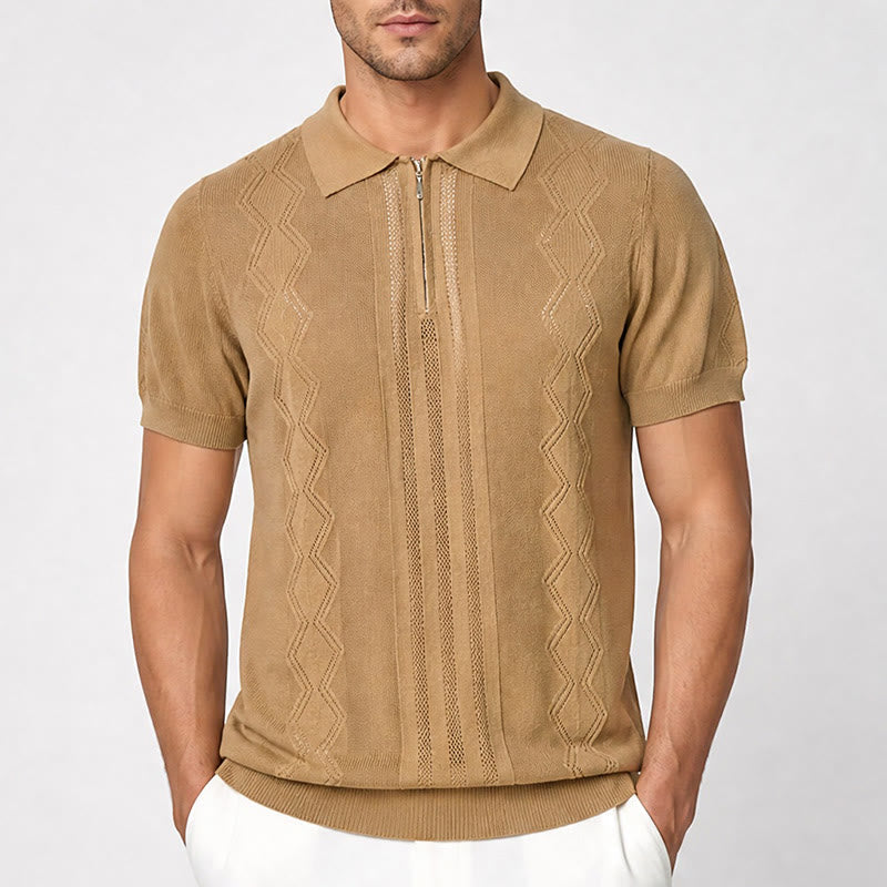 Polo da uomo a maniche corte con mezza zip e motivo geometrico in maglia - image 1