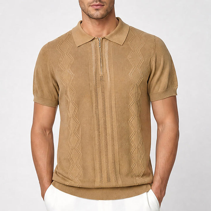 Polo da uomo a maniche corte con mezza zip e motivo geometrico in maglia - image 1