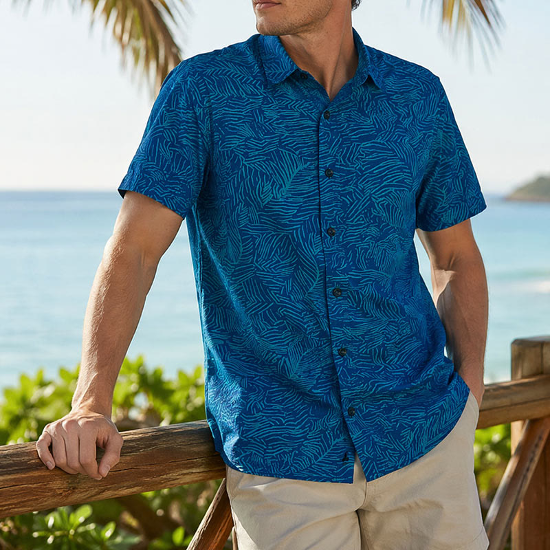 Camicia da uomo a maniche corte con stampa astratta color verde acqua per le vacanze estive. - Blu - 5XL - image 0