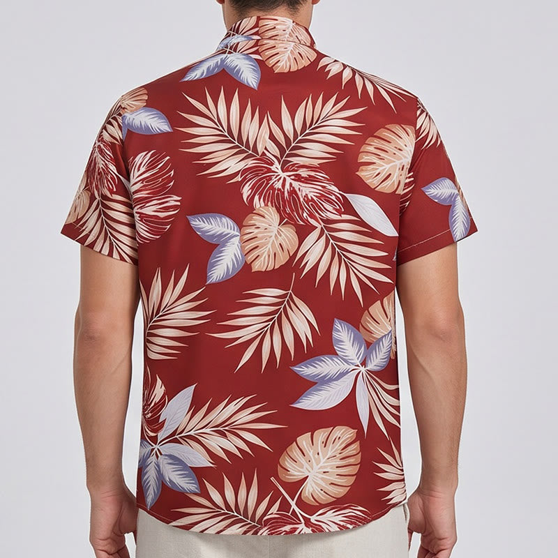 Camicia da uomo a maniche corte con stampa di foglie tropicali rosso acceso, ideale per le vacanze. - image 3