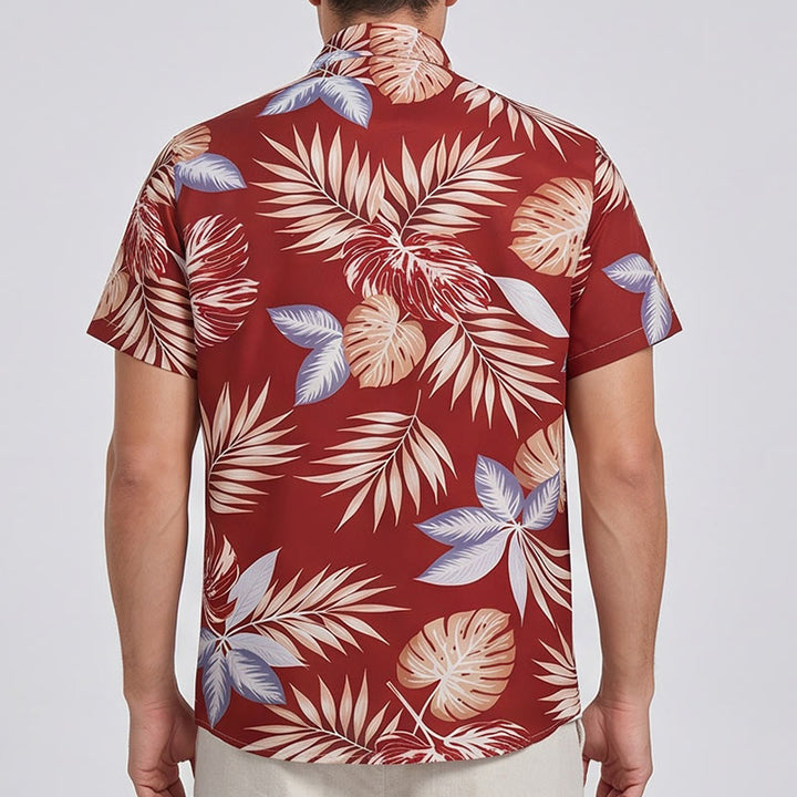 Camicia da uomo a maniche corte con stampa di foglie tropicali rosso acceso, ideale per le vacanze. - image 3