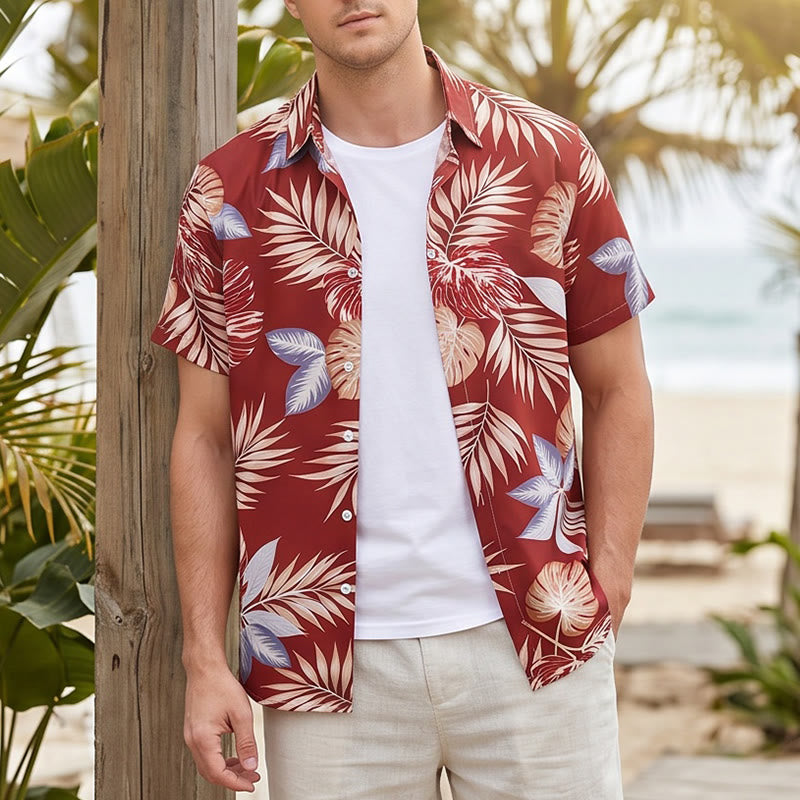 Camicia da uomo a maniche corte con stampa di foglie tropicali rosso acceso, ideale per le vacanze. - Rosso - 4XL - image 0