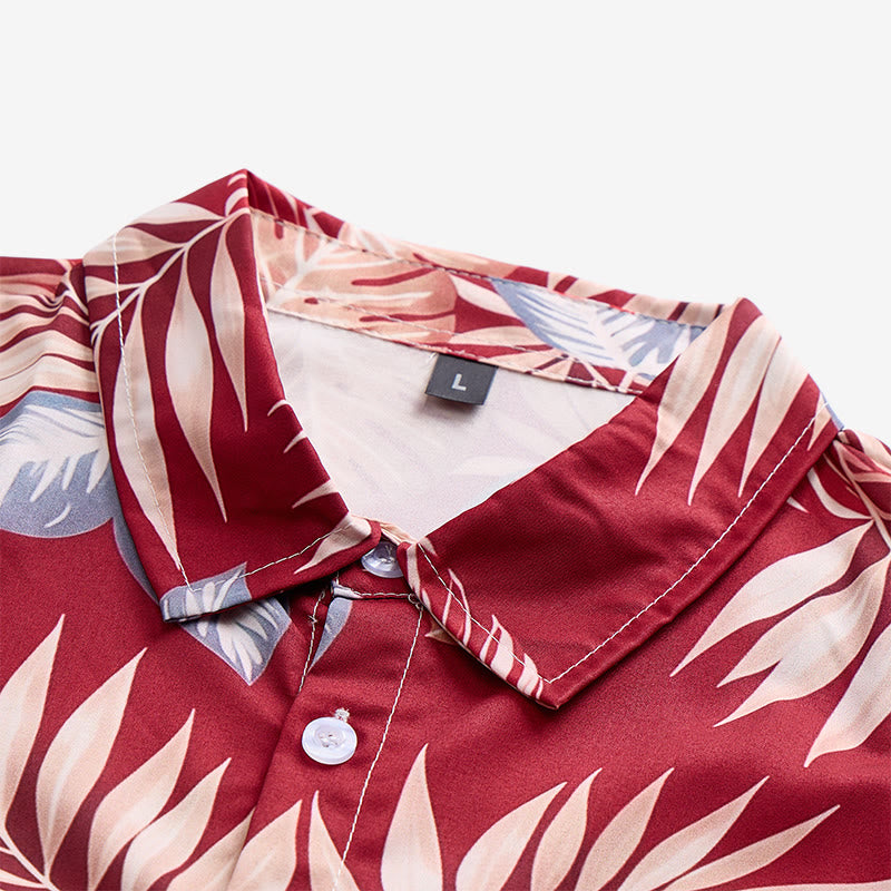 Camicia da uomo a maniche corte con stampa di foglie tropicali rosso acceso, ideale per le vacanze. - image 4