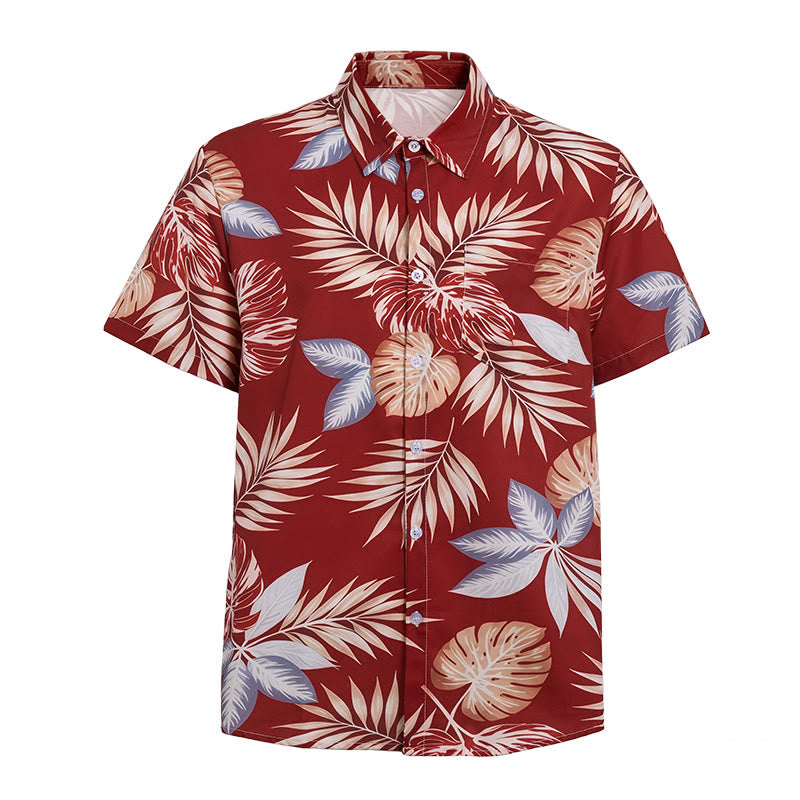 Camicia da uomo a maniche corte con stampa di foglie tropicali rosso acceso, ideale per le vacanze. - image 9