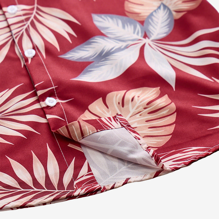 Camicia da uomo a maniche corte con stampa di foglie tropicali rosso acceso, ideale per le vacanze. - image 7