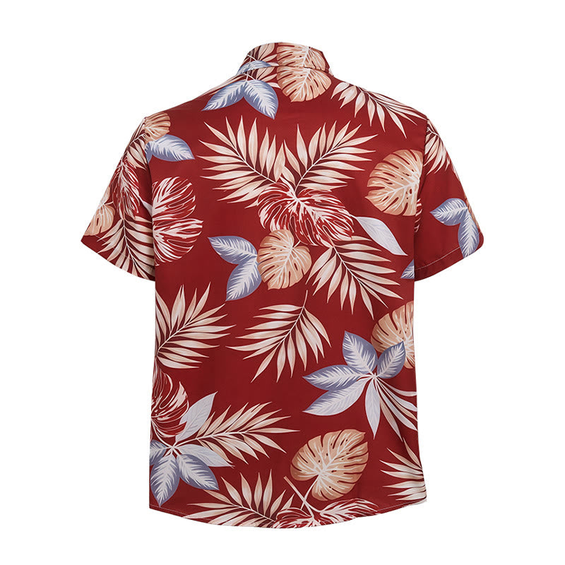 Camicia da uomo a maniche corte con stampa di foglie tropicali rosso acceso, ideale per le vacanze. - image 10