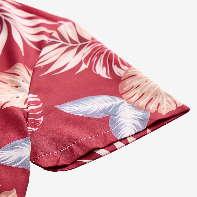 Camicia da uomo a maniche corte con stampa di foglie tropicali rosso acceso, ideale per le vacanze. - image 8