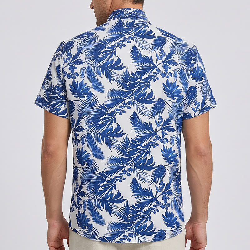 Camicia da uomo a maniche corte con stampa a foglie blu in stile hawaiano - image 3