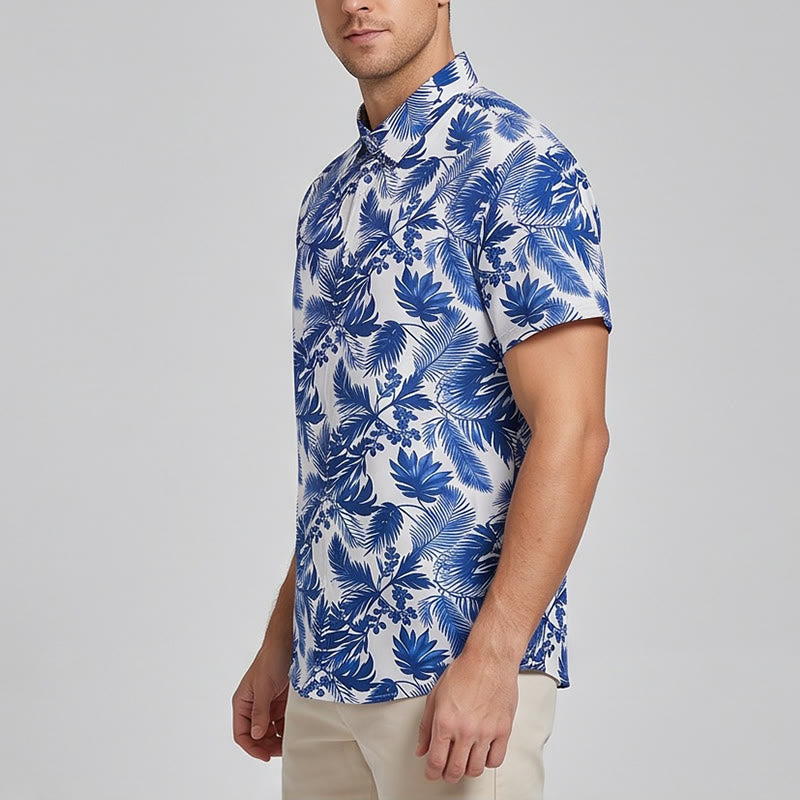 Camicia da uomo a maniche corte con stampa a foglie blu in stile hawaiano - image 2