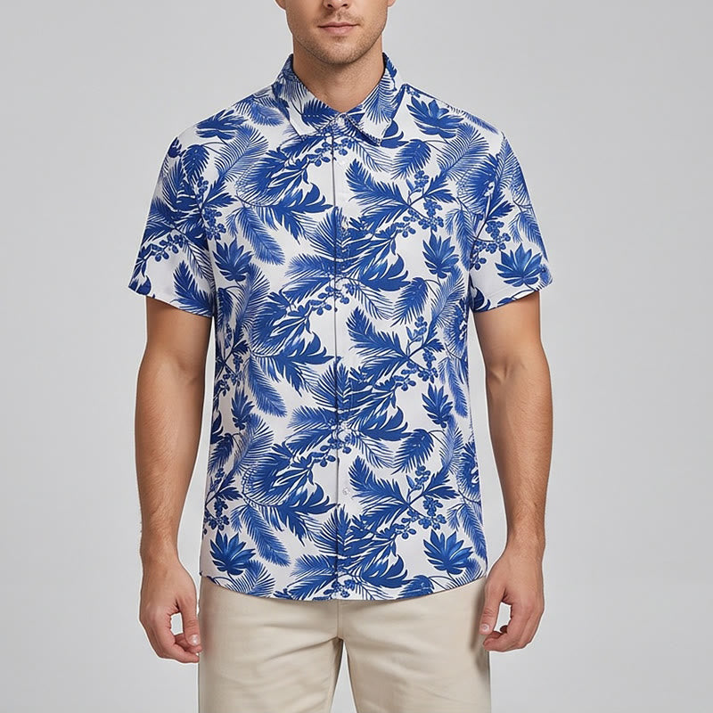 Camicia da uomo a maniche corte con stampa a foglie blu in stile hawaiano - image 1