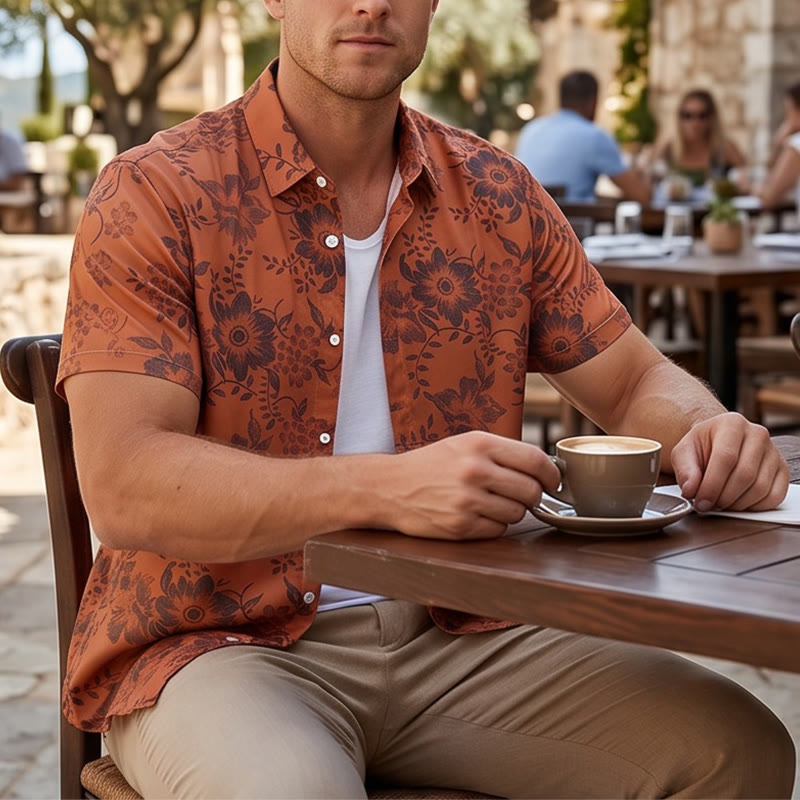 Camicia casual da uomo a maniche corte con stampa floreale per le vacanze - Arancia - 5XL - image 0