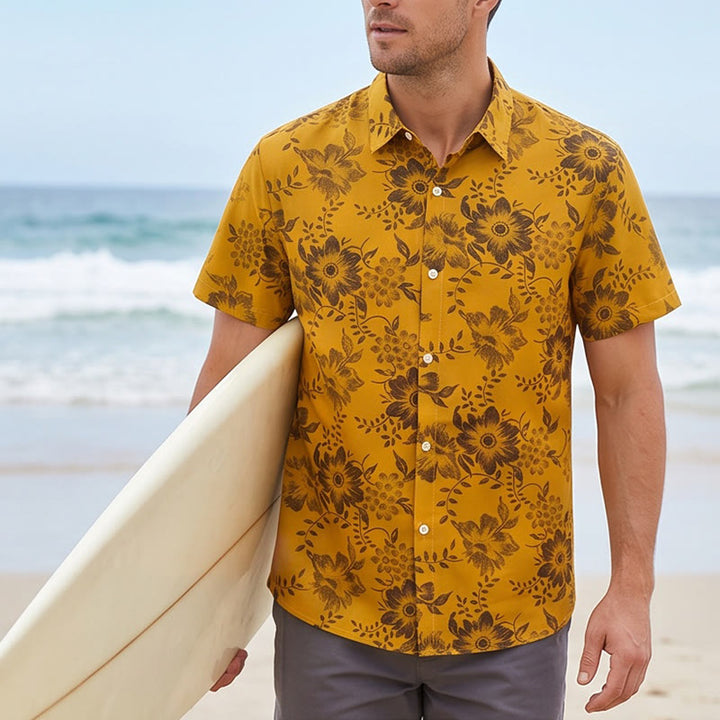 Camicia casual da uomo a maniche corte con stampa floreale per le vacanze - Giallo - 5XL - image 5