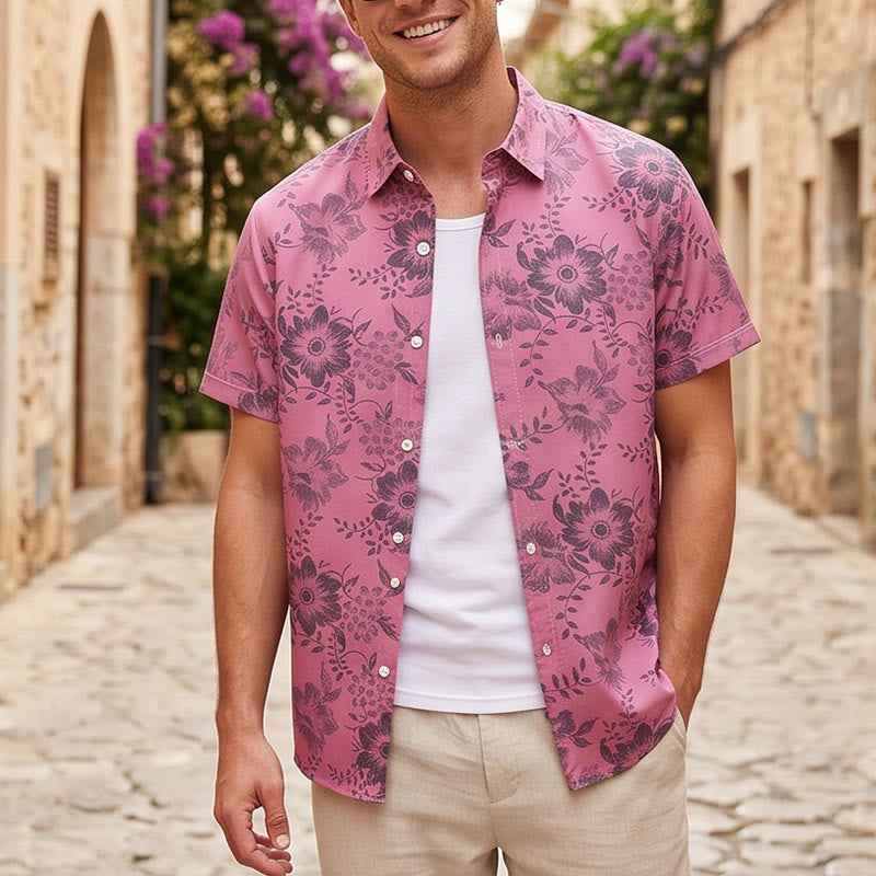 Camicia casual da uomo a maniche corte con stampa floreale per le vacanze - Rosa - 5XL - image 4