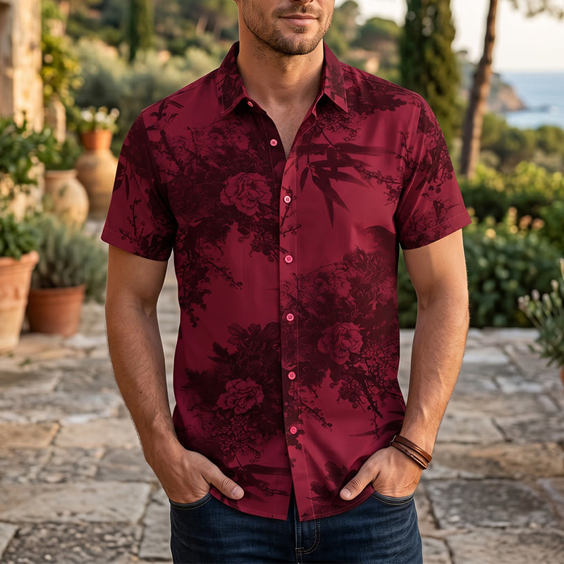 Camicia da uomo a maniche corte con stampa floreale scura per le vacanze - Rosso - 5XL - image 5